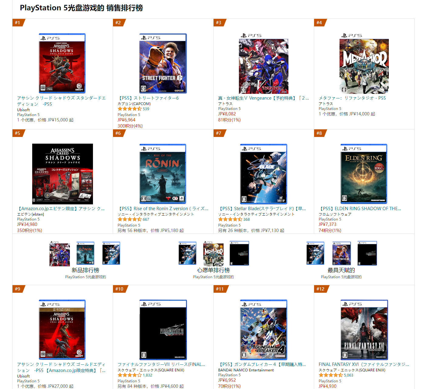 《刺客信条：影》在日本亚马逊PS5游戏畅销榜登顶