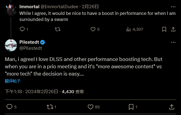 《绝地潜兵2》游戏开发商为什么不添加DLSS？