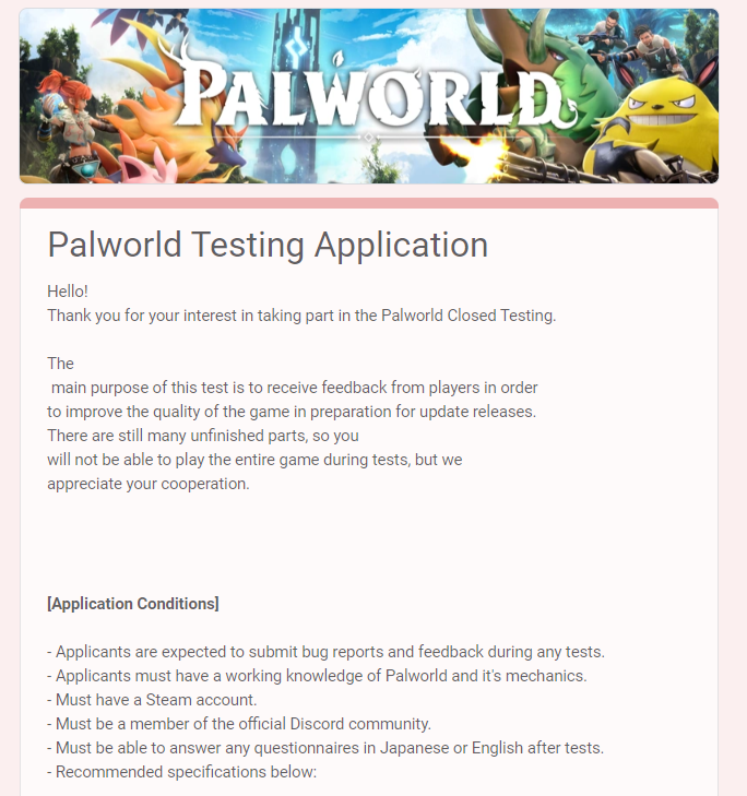 《幻兽帕鲁》新内容测试在即，玩家可申请参与助力游戏完善