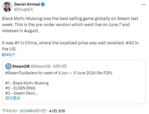《黑神话：悟空》登顶Steam国区周销榜 国区定价契合玩家的预期
